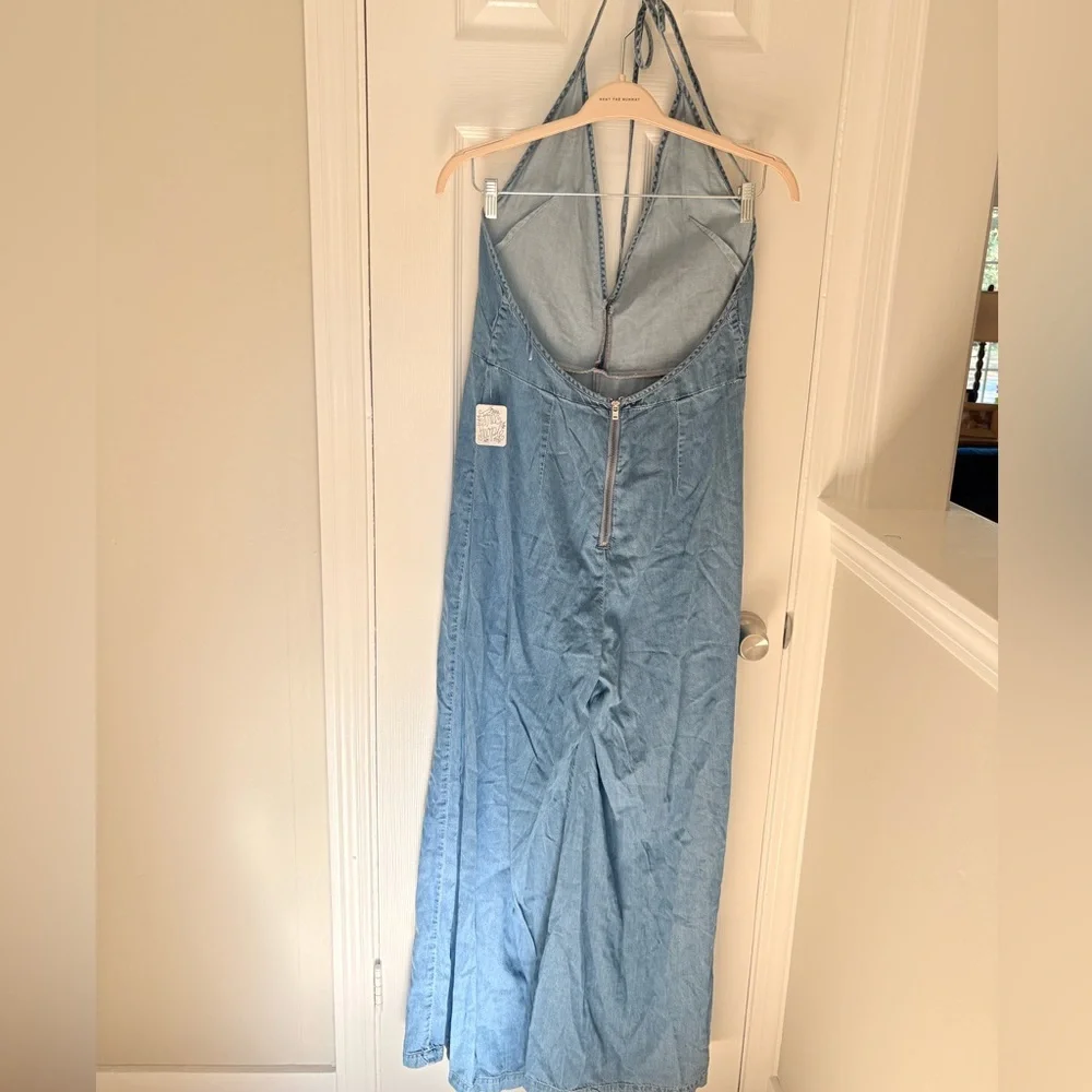 Free People Light Blue Denim Halter Jumpsuit